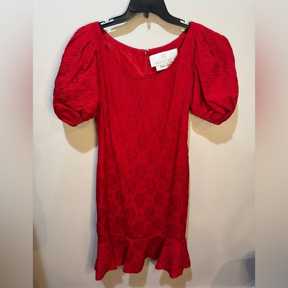 Carolyne Roehm for Neiman Marcus Vintage Dress Sz 8 Red Floral Puff Sleeves - Picture 6 of 13